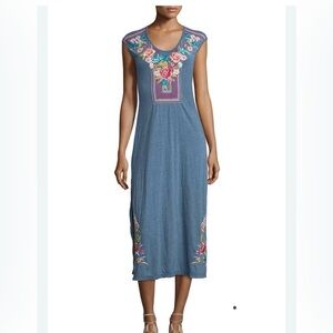 Johnny Was Calista Side Slit Maxi Navy NWT Embroidered Dress Large
